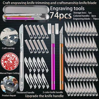 74pcs Carving Knife Tool Set, 2 Color Carved Handles, 70 Replaceable Craft Blades, 3 Manual Knife Handles, 1 Storage Box, Manual Tool For Cutting Soft Materials, Suitable For Art Carving, Industrial Plastic Trimming, Product Edging, Model Making, DIY Crafts, Daily Carving, Scraping, Trimming, Bonsai Grafting