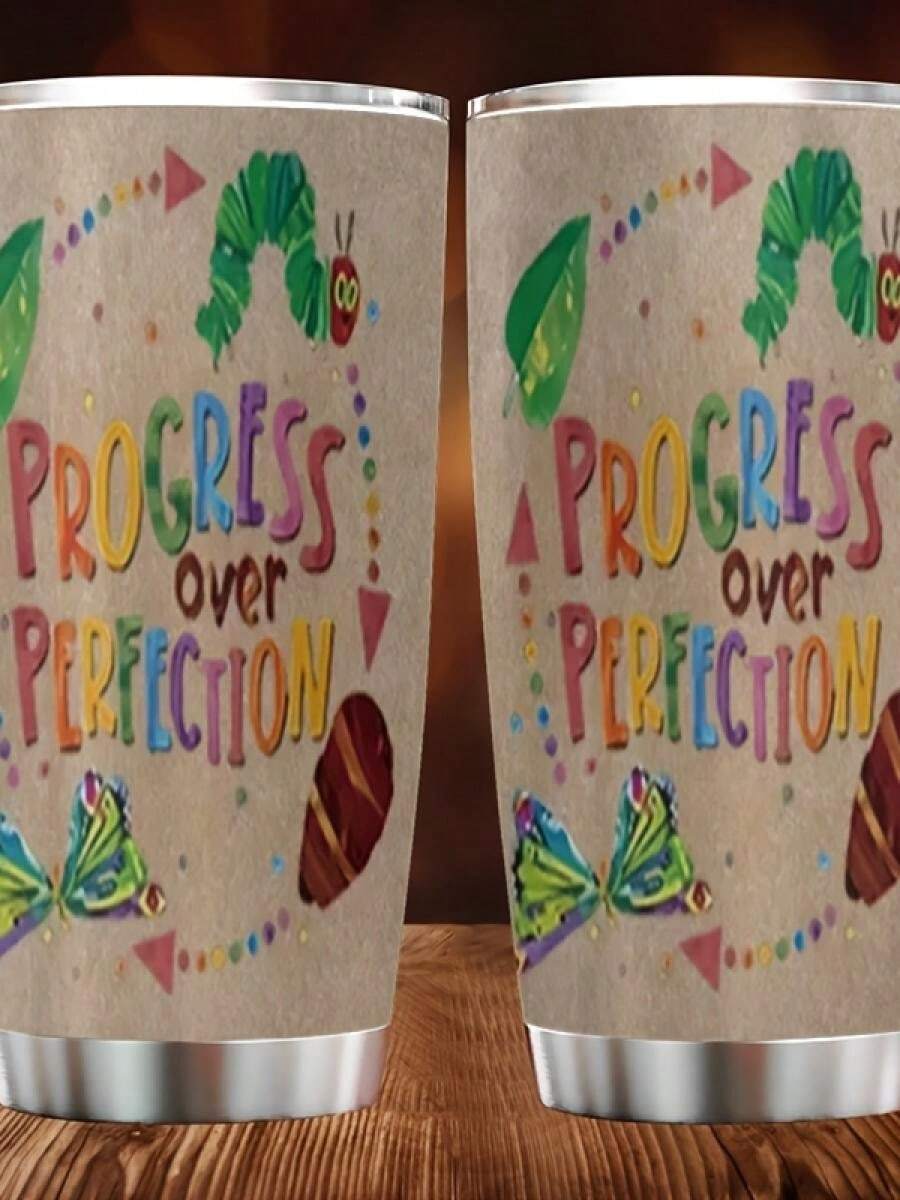 20oz 304 Stainless Steel Tumbler With Straw Lid - Double-Wall Vacuum Insulated Cup Hot & Cold Drinks, Spill-Proof Lid, Motivational "Progress Over Perfection" Design With Caterpillars & Butterflies, All-Season Use, Durable & Stylish Home, Office, Gym, Travel - Ideal , Gym Bottle, Office Drinkware, Drinkware, Inspirational Quote, Highquality Construction, Reusable Drinkware, Fitness Enthusiasts, Office Workers - 黑色5 - 查看 1