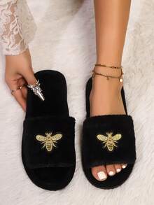 Women's Cute Cartoon Butterfly Embroidered Plush Open Toe Slippers, Soft, Comfortable, Lightweight Sole, Suitable For Living Room And Bedroom, All Season Insulation, Galentines, Puppy, Carnival, Party Decorations, Shoe, Spring Summer Picks, Brides Maid Gifts, Room, Bedroom Decor, Beach, Travel, For Men, For Women, Vacation, Women's Day, Travel Essentials, Wedding Favors, Y2k, Bedroom, Car Accessories Women, Kitchen Decor,Cute Stuff - Black - View 6