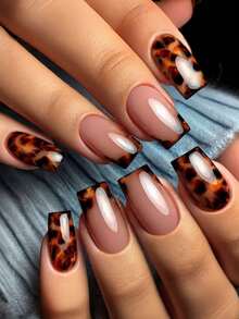 24pcs Leopard Print Nail Stickers, Nail Art Supplies, Gothic Style Nails, Brown Nails, Solid Color Nails - Brown - View 1