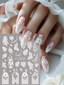 优雅蕾丝美甲贴纸套装 - 包括黑色3D立体、黑白箔片和白色镂空巴洛克设计，超薄纹理贴纸，适用于新娘、节日和DIY美甲，1/2片装。 - 彩色 - 查看 4