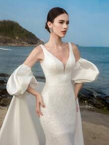 Đầm dạ hội HEARBOBO sang trọng, cầu kỳ, tay phồng dài, đính sequin, thích hợp cho tiệc tùng, dạ hội, dạ tiệc kiểu nàng tiên cá, đầm cưới có đuôi dài, thích hợp cho mùa xuân. - trắng - Xem 5