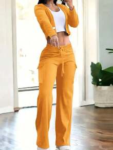 2 Piece Set : Women's Fashion Black Geometric Print Long Sleeve Crop Top & Cargo Pants |   V-Neck Button-Up Top Pants With Drawstring Waist |   Casual Y2K Style Spring Winter Clothes, Vacation New Years Valentine Outfits For Women - 黃色 - 查看 2