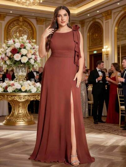 Vestido elegante de gasa con cuello redondo y abertura alta para fiesta y dama de honor de UNITHORSE