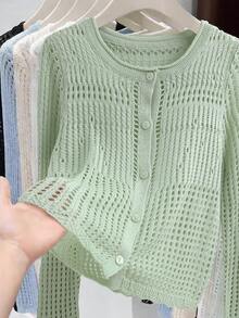 GIGOGOU 春夏镂空针织透气长袖开衫防晒休闲上衣 - 薄荷綠 - 查看 1