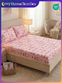 2/3pcs Valentine's Day Theme Pattern Fitted Sheet(No Inserts Included), Sweet And Girly Bedroom Decor, Love Valentine's Day Mattress Cover For Bed, Bed Sheet, Breathable And Anti-Pilling Mattress Protector, Bed Cover, Suitable For Full/Twin/Double/Queen/King Bed, Machine Washable, Home Decor, Room Decor, Bedroom Decor, Valentine's Day, Pink, OEKO-TEX - 彩色 - 查看 9