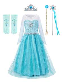 6 pièces/set Ensemble accessoire de robe cape à manches longues transparentes avec motif floral bleu ciel pour filles, costume de princesse pour enfants pour fête, carnaval - Bleu ciel - Voir 13