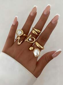 Bộ 5 nhẫn ngọc trai giả bất đối xứng phong cách Baroque cổ điển, trang sức thời trang thanh lịch dành cho nữ - Vàng - Xem 16