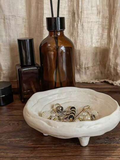 1pc Scandinavian Ceramic Trinket Tray, Jewelry Ring Earring Holder Dish, Round Textured Ceramic Plate For Tabletop Display, Entryway Key Holder, Candle Holder, Suitable For Living Room, Entryway, Jewelry Storage