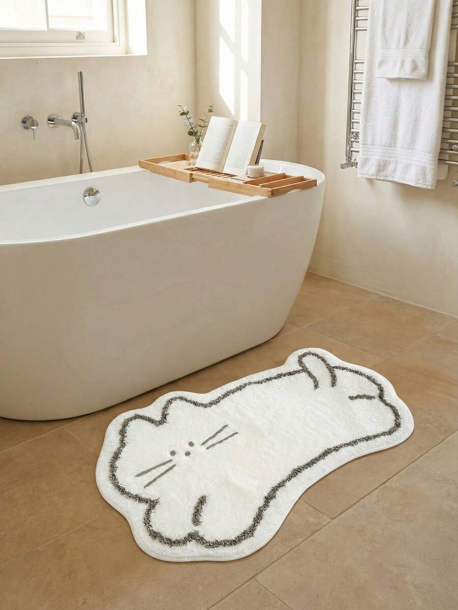 1pc Plush Anti-Slip Cartoon Cat Shaped Rug, Comfortable Washable Indoor Bath Mat, Non-Slip Floor Mat, Suitable For Home Decor