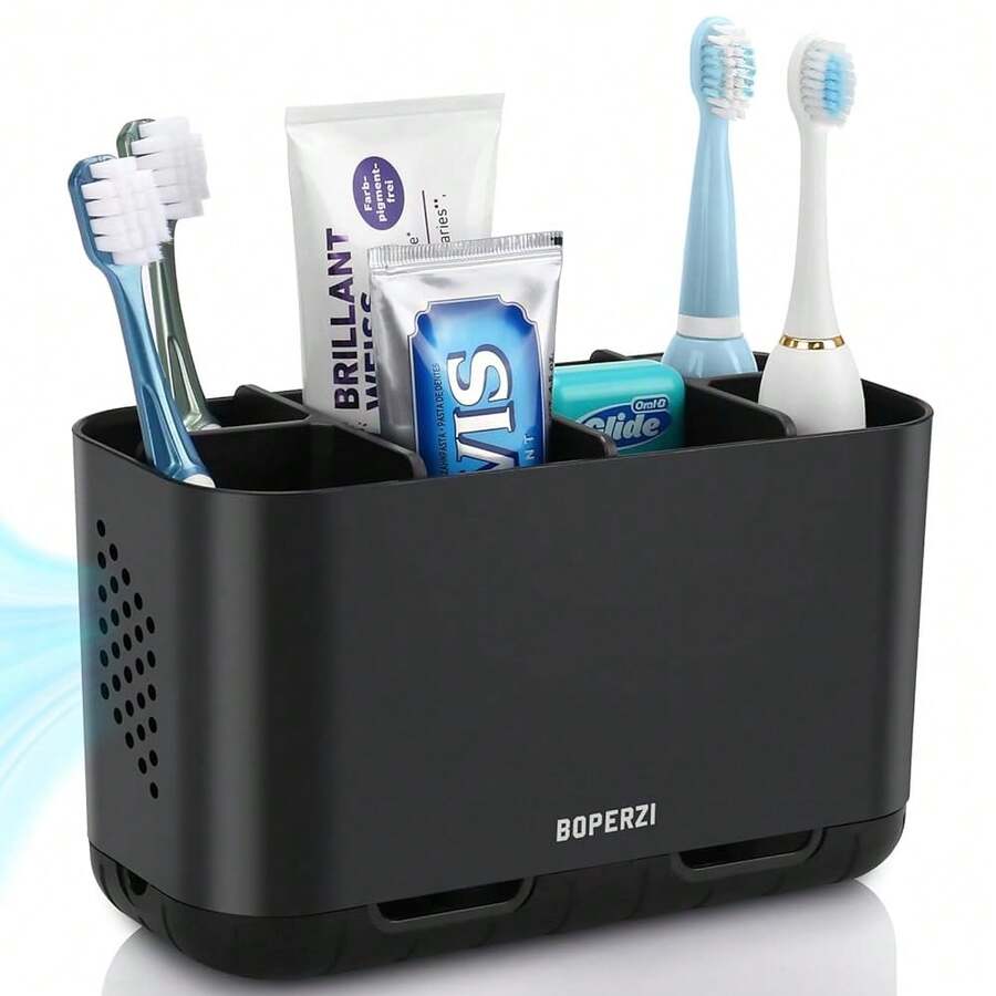 Boperzi Toothbrush Holders For Bathrooms Organizers And Storage, Large Tooth Brush Holders With Drainage, Anti-Slip Electric Toothbrush And Toothpaste Holders Caddy For Shower Family, Black - 黑色的 - 查看 1