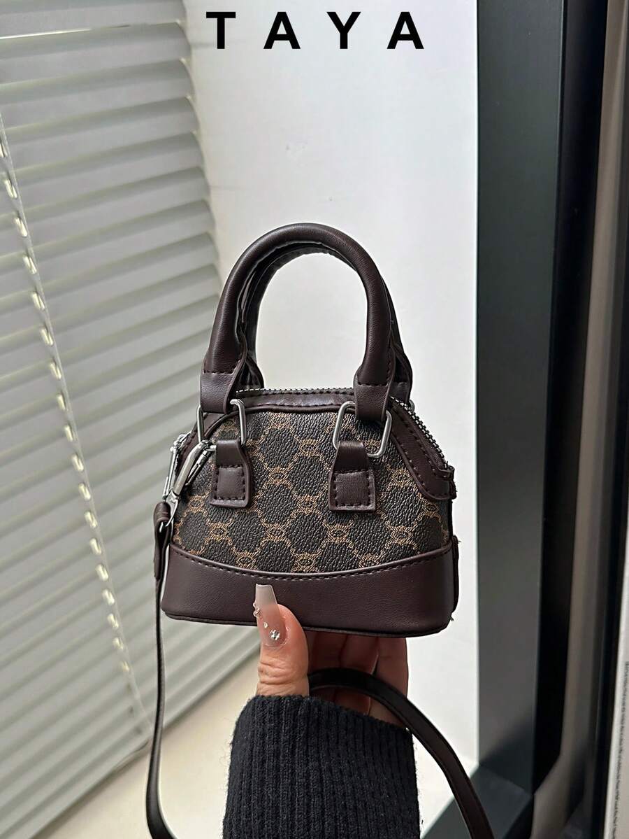 迷你手提包，新款菱形撞色复古贝壳形单肩包，复古风格 - 咖啡 - 查看 1