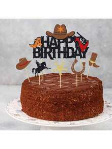 1/11/16件套西部牛仔蛋糕装饰套装，牛仔布、亮片、马蹄铁、牛仔帽、靴子，西部/牛仔主题生日派对蛋糕装饰 - 彩色 - 查看 8