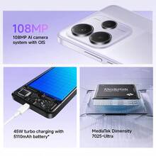 小米 Redmi Note 14 5G 全球版智能手机，支持 NFC、108MP AI 摄像头系统（带 OIS 光学防抖）、45W 超级快充、5110mAh 电池、联发科天玑 7025 Ultra 处理器、康宁第五代大猩猩玻璃、120Hz 刷新率 6.67 英寸 AMOLED 爱眼显示屏、IP64 防尘防水、最高支持 1TB 存储扩展、屏下指纹识别、AI 人脸解锁、3.5mm 耳机孔，搭载小米 HyperOS 系统。 - 紫色 - 查看 2