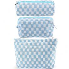 ZLFSRQ 3Pcs Checkered Makeup Bag For Women Large Small Checkered Cosmetic Bag Set Aesthetic Preppy Pencil Case Cute Pencil Pouch Blue Makeup Pouch For Purse Travel Toiletry Bags Zipper Skincare Bags - B-格子3件組混藍色 - 查看 2