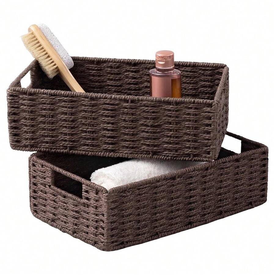 UBBCARE 2 Pack Wicker Basket, 11.5L*7.5H*3.5W Inch Woven Paper Rope Storage Baskets For Shelves, Foldable Rectangular Storage Baskets With Handle, Storage Basket For Organizing, Dark Brown - DarkBrown - View 1