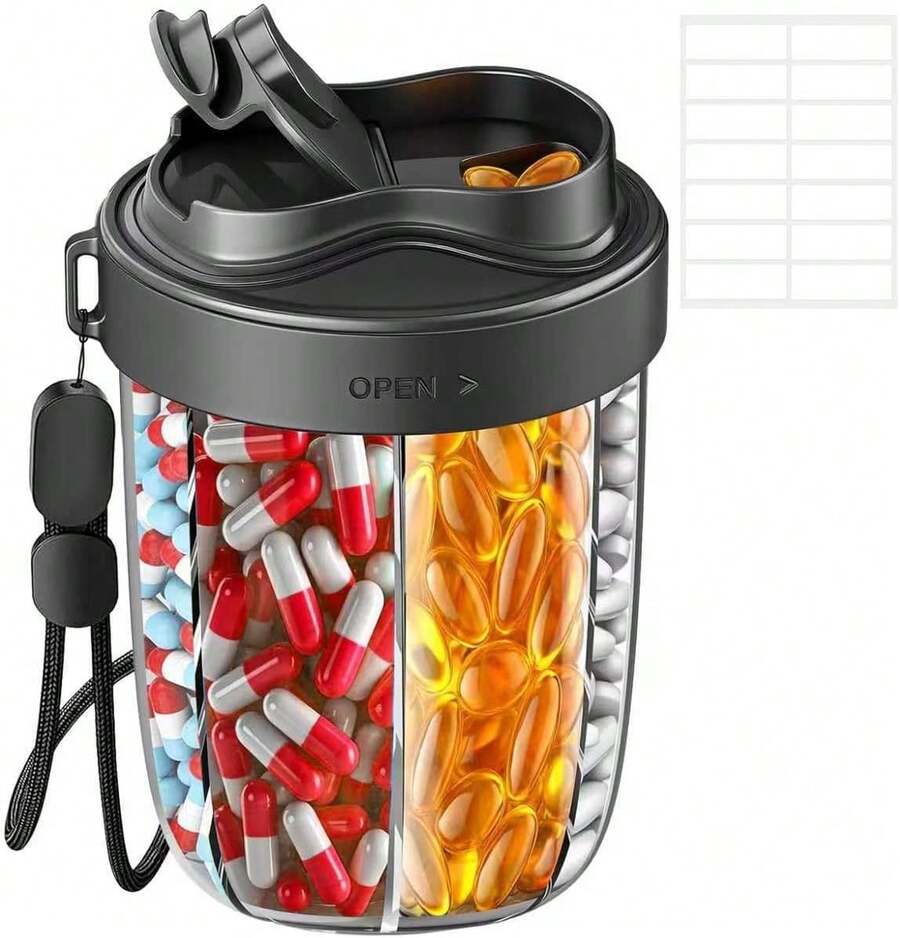 Dispensador de pastillas semanal portátil 7 Compartimentos, Material Grado Alimenticio Sin BPA, Antimezcla y Apertura Amplia, Incluye 20 Hojas de Etiquetas, para Viaje y Uso Diario (Negro) - 1 - Ver 1
