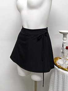 Falda-pantalón casual de gasa con lazo delantero, versátil para primavera/verano, adecuada para vacaciones, bodas, vacaciones, brunch, aeropuerto - Negro - Ver 4