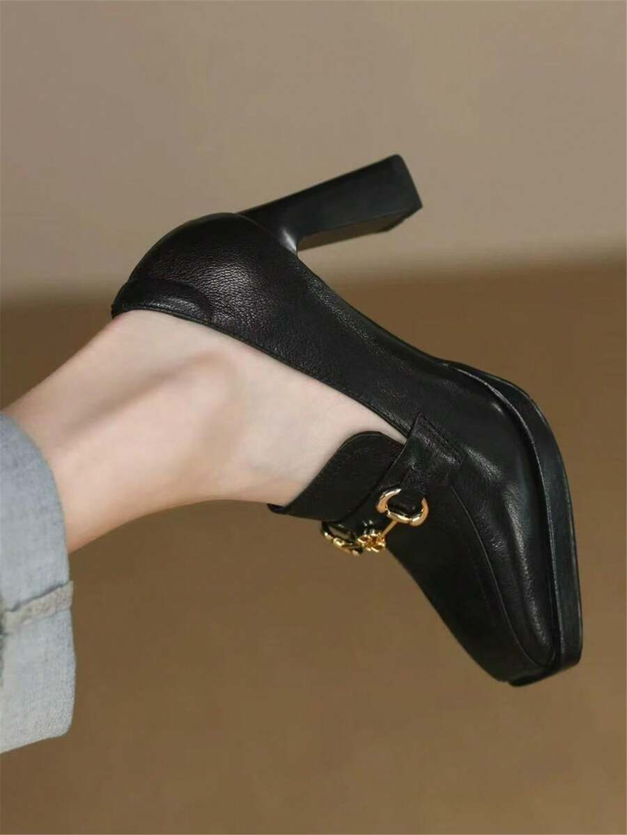 Women's Fashion Square Toe Slip-On Pumps, Black Or Brown Color Options, Metal Buckle Decor, Chunky Heel, Versatile High Heels - Black - View 1