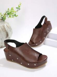 女士夏季坡跟露趾透气凉拖鞋 - 棕色 - 查看 6