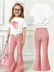 Tween Girls' Heart Print Short Sleeve T-Shirt And Flare Pants Casual Outfit - White - View 2