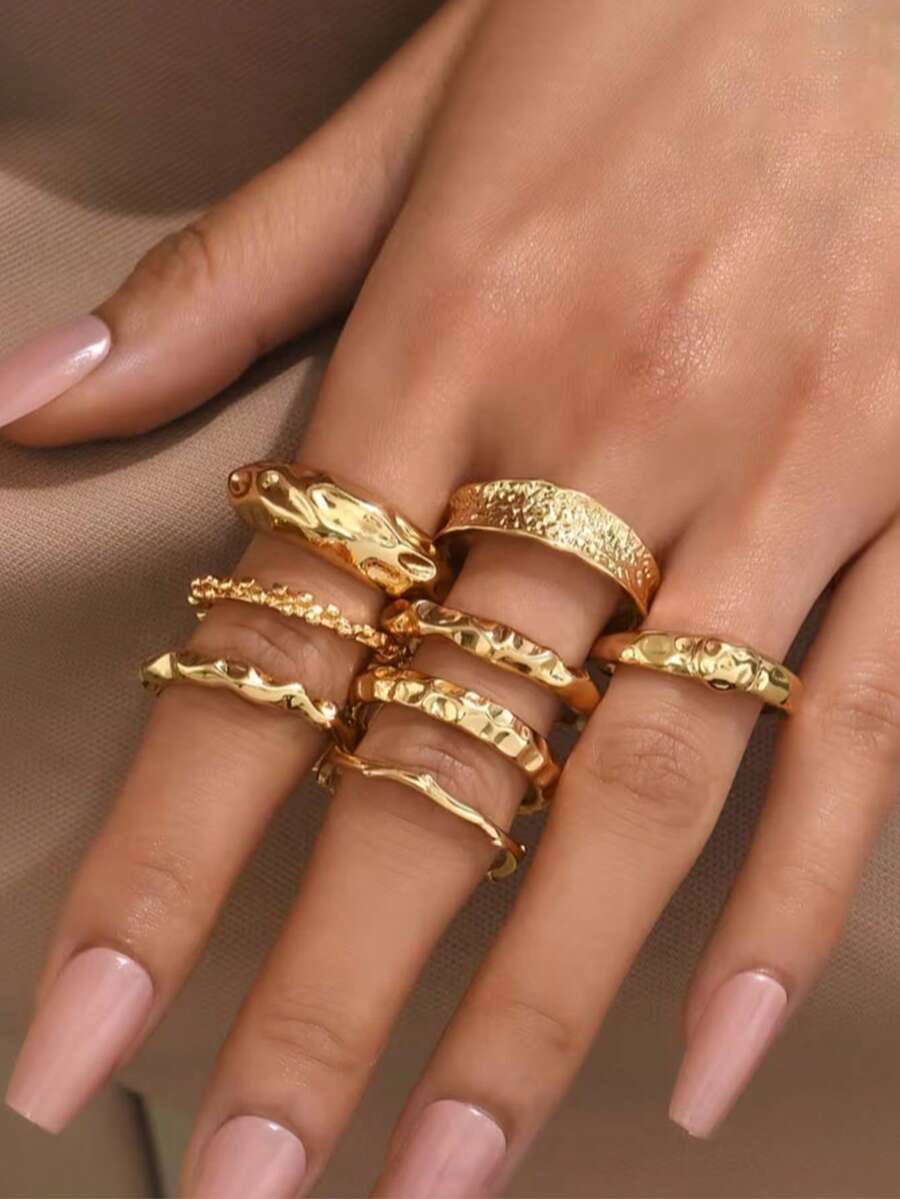 8pcs Vintage Coin Boho Punk Minimalist Asymmetrical Stacking Rings Set, Suitable For Daily Wear, Birthday/Valentine's Day Gift For Her (No Box)