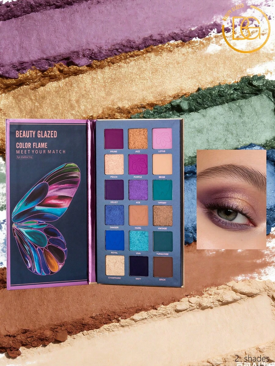 beauty glazed 18 Colors Eyeshadow Palette, Matte, Pearl, Glitter Eyeshadows, Butterfly Pattern, Rich Colors, Velvet Texture, High Pigmentation, Long-Lasting Waterproof Makeup Palette - #B110 - 查看 1