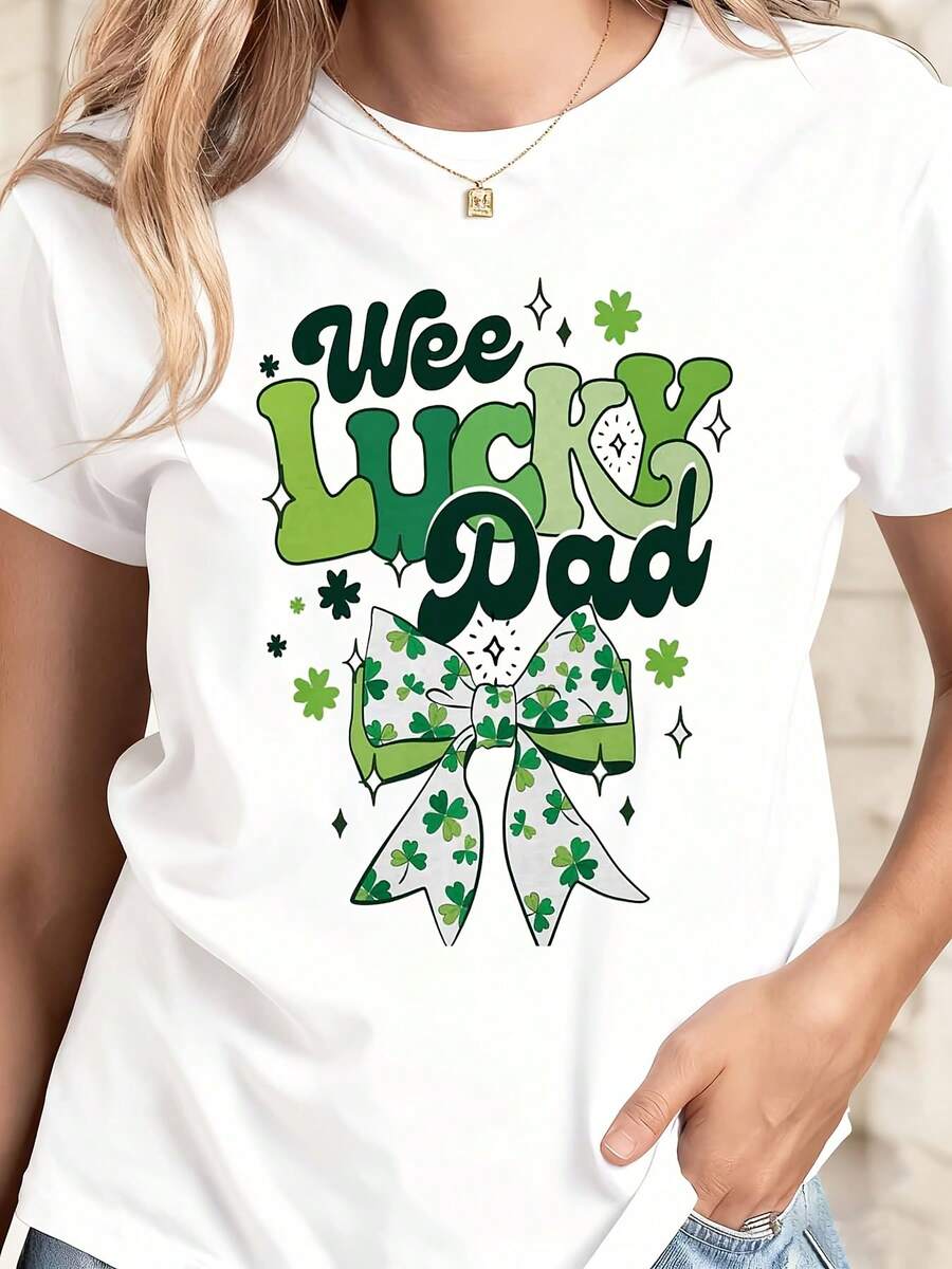 White T Shirt With Wee Lucky Dad Print And Shamrock Bow Design For St Patricks Day Celebration - White - View 1