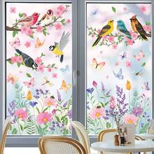 一套9张充满活力的春季主题窗贴，图案包括鸟、蝴蝶、花卉和树枝，可移除静电吸附，适用于春季卧室、客厅、阳台和商店橱窗装饰。 - 彩色 - 查看 4