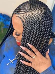 Peluca trenzada con encaje frontal completo] Peluca trenzada versátil con encaje frontal completo, cabello sintético liso para todos los tonos de piel - Negro - Ver 5