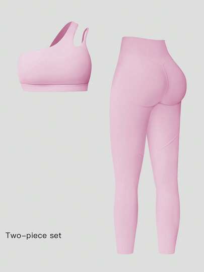  MFVIM Women's Pink Sports Bra And Leggings Set, 2-Piece Casual Workout Outfit, Seamless Asymmetrical Strap Design Sexy Wireless Sports Bra And High Waist Tights, Slim Fit, Breathable And Comfortable, Suitable For Daily Casual, Outdoor, Running, Cycling, Yoga, Pilates, Gym Workout