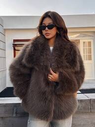 Seelio Autumn/Winter New Thick Faux Fur Collar Faux Fur Lined Mid-Length Fur Effect Short Coat, Youthful Style