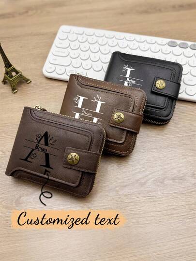 Customized Engraved Men's Wallet - Personalized Name And Logo, Vintage Brown Faux PU Material, Gold Star Decor, Ideal For Birthday, Anniversary, Father's Day, Boyfriend Gift, Cute Wallet, Multi-Card Slots Men's Wallet, Vintage Horizontal Zipper Closure, Fashion Wallet, Ideal Gift For Men