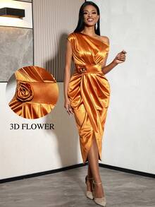 Women Elegant Brown Satin One Shoulder Fitted Dress With 3D Flower Asymmetrical Crossed Hem Dresses Wedding Guest Formal Occasions - Brown - View 10
