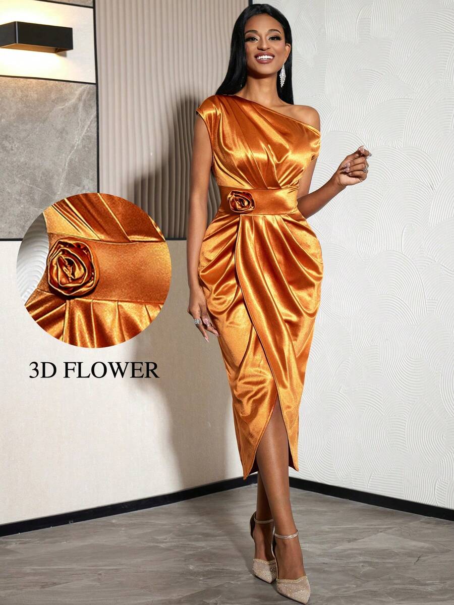 Women Elegant Brown Satin One Shoulder Fitted Dress With 3D Flower Asymmetrical Crossed Hem Dresses Wedding Guest Formal Occasions - Brown - View 1
