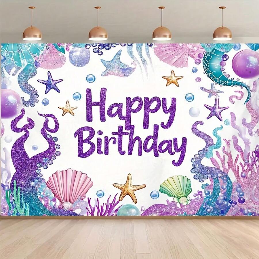 1pc Birthday Background Cloth, Background Design With Seaweed And "Happy Birthday" Text, High-Definition Printing On Polyester Fabric, Suitable For Parties, Courtyards, Birthdays And Photography Supplies - Multicolor - View 1