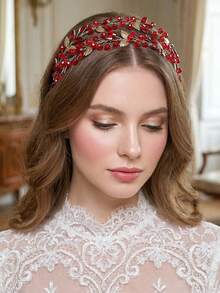 1件水钻双排发箍，闪亮合金叶片装饰水晶发箍，适合新娘、婚礼、派对、约会、休闲、情人节等场合，女士发饰 - 紅色 - 查看 8