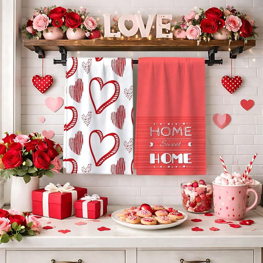2/4 Pcs Heart Pattern Dish Towels, Ideal For Valentine's Day Gifts, Decorations, Super Absorbent Microfiber Modern Cloths For Cooking, Baking, Washing Dishes, Cleaning, Hand Towels, Tea Towels, Soft And Highly Absorbent, Kitchen Decor, Gifts For Neighbors, Mothers, Birthdays, Housewarming For Friends, Kitchen Essentials, Daily Necessities - Multicolor - View 1
