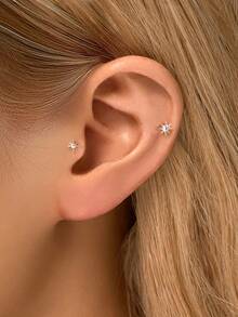 1 件 16G 925 纯银光滑三维八角星形内螺纹唇钉 | 生日石耳钉 | 低过敏性金软骨螺旋钉 | 平底唇钉 | 适合女性日常佩戴（单件出售，尺寸 0.5cm、0.34cm） - 大小光面立體八芒星 - 查看 8