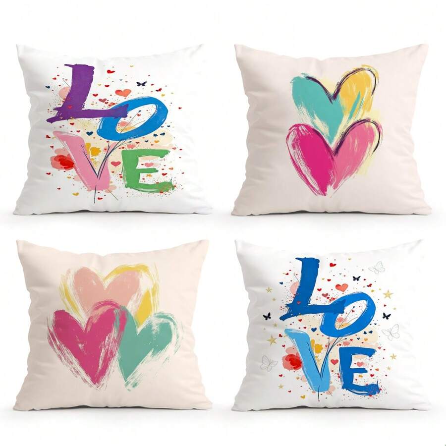 4 fundas de almohada con tema de graffiti en forma de corazón, estampadas por un solo lado, adecuadas para la decoración del hogar en sala de estar y dormitorio, para todo el año - No incluye relleno de almohada - Multicolor - Ver 1
