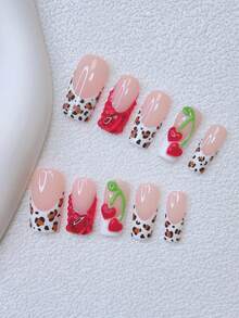 10pcs Y2K Style Nail Sticker Set - Handmade, Red Nails, Pink Nails, White French Manicure, 3D Cherry Heart Design, Hand-Painted Cow Print French Manicure With Cherry Heart Design, Shiny Red Rhinestone Decor, Elegant Nail Art - Suitable For Women And Girls, Perfect For Parties - 彩色 - 查看 11