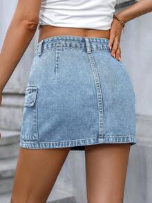 休闲、百搭、时尚、可爱、优雅、性感派对、假日、日常、生日、单身派对、旅行、机场穿搭口袋牛仔裙，春夏款 - 淺色水洗藍 - 查看 8