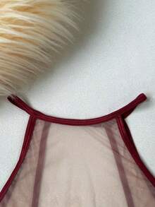 Women's Sheer Floral Embroidered Teddy Bear Camisole Backless Jumpsuit - Burgundy - View 5