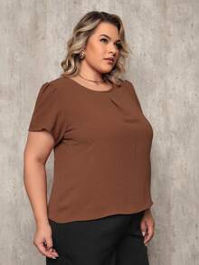 ONLYONE - PLUS SIZE WOMEN'S BLOUSE, SHORT SLEEVE, PRINCESS, PLEATED NECKLINE, LIGHT DUNES - ELEGANT WOMEN'S BLOUSES, LARGE - 鏽棕色 - 查看 5