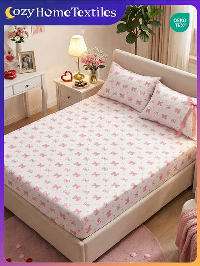2/3pcs Valentine's Day Theme Pattern Fitted Sheet(No Inserts Included), Sweet And Girly Bedroom Decor, Love Valentine's Day Mattress Cover For Bed, Bed Sheet, Breathable And Anti-Pilling Mattress Protector, Bed Cover, Suitable For Full/Twin/Double/Queen/King Bed, Machine Washable, Home Decor, Room Decor, Bedroom Decor, Valentine's Day, Pink, OEKO-TEX