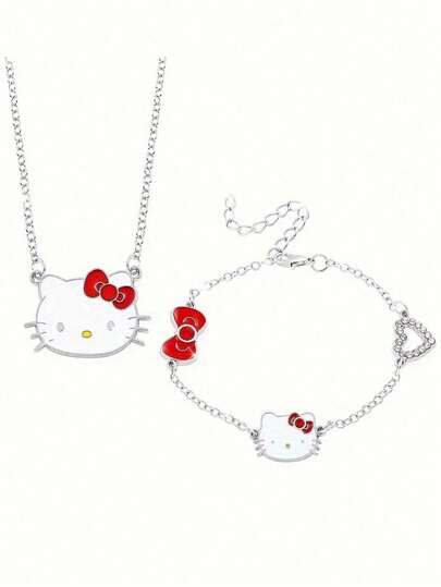 1 Set, Conjunto de Collar + Pulsera, Conjunto de Joyería con Tema de Dibujos Animados Lindos, Adecuado para Hello Kitty, Pulsera de Aleación de Zinc Incrustada con Cristales Brillantes, Accesorios de Moda, Incluye Collar y Pulsera, Adecuado para Uso Diario y Regalos, Perfecto para el Día de San Valentín