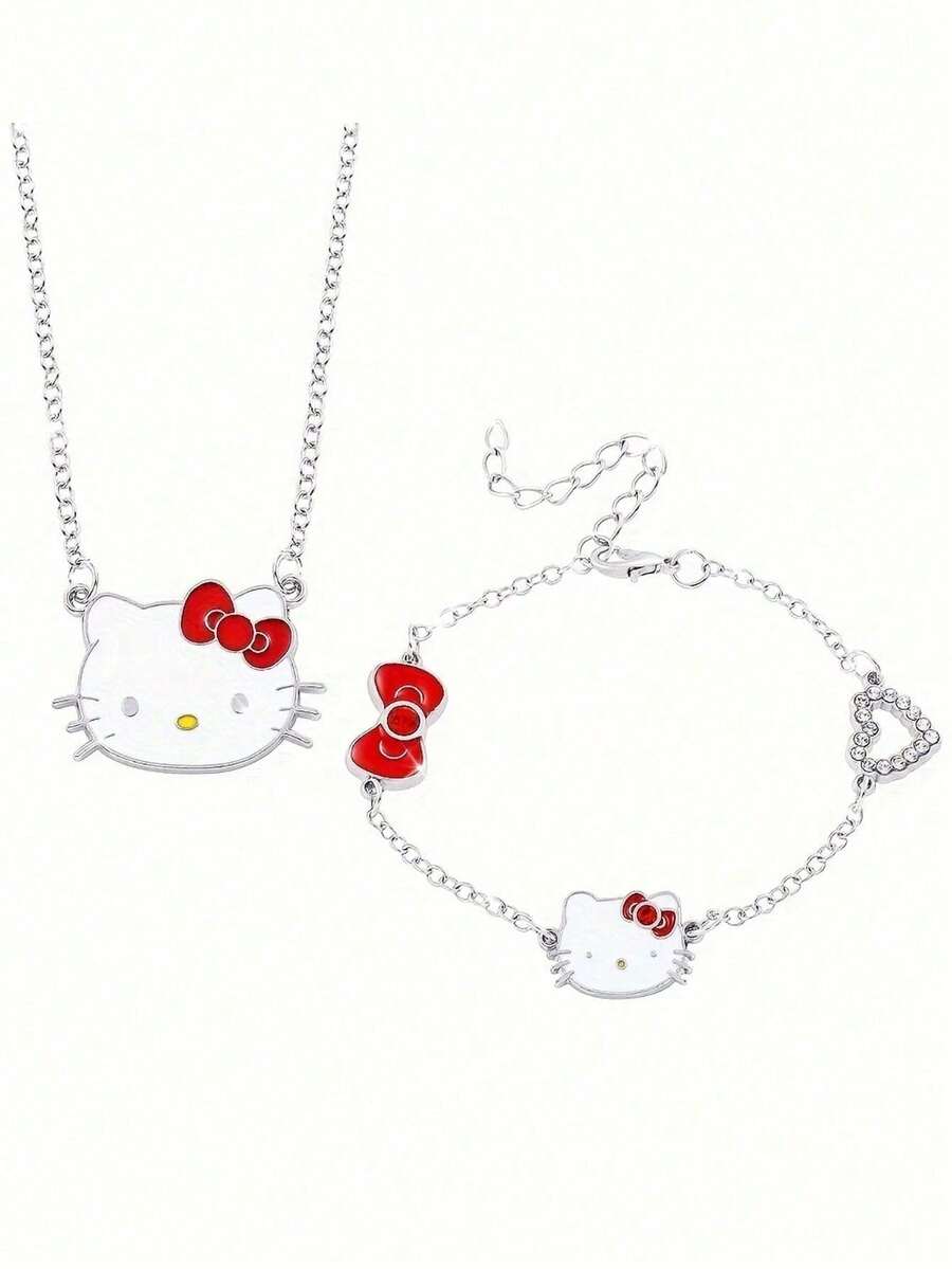 一套项链+手链，可爱卡通主题首饰套装，适合，锌合金手链镶嵌闪亮水晶，时尚配饰，包含项链和手链，适合日常佩戴和送礼，情人节完美之选。 - 彩色 - 查看 1