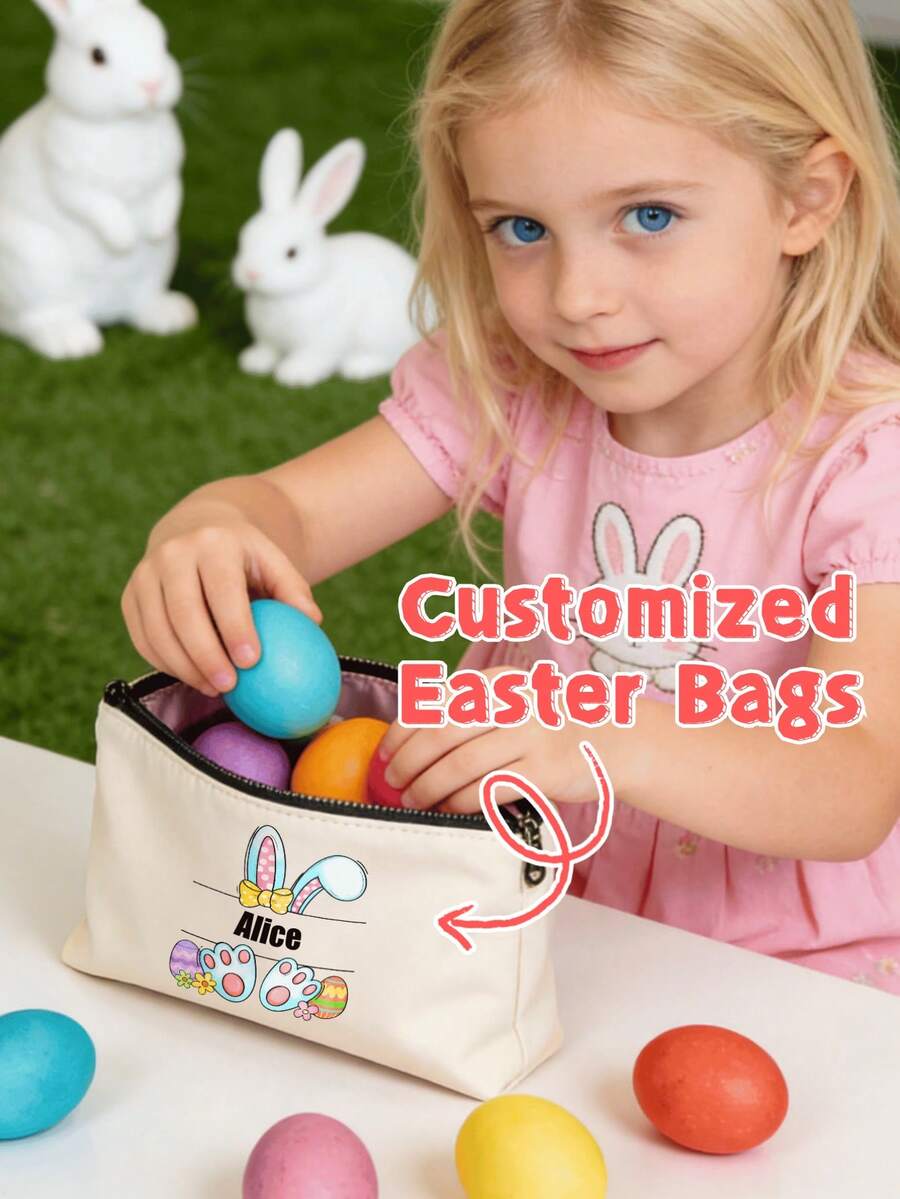Personalized Cute Multicolor Makeup Bag, Custom Name, Travel, Easter, Birthday Gift, Easter With Name, Easter Egg Hunting Party Favor Gift, Custom Fabric Bag, Customized Party Accessories, Back-To-School Gift - Multicolor - View 1