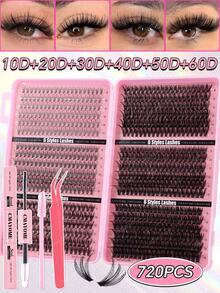 720pcs Ultra High Density DIY False Eyelash Set, 8-16mm 10D-150D D Curl Natural Style, Ultra Thick & Fluffy, Suitable For Daily Use And Beginners, Perfect For Daily Occasions, Weddings, Outdoor Activities, Travel, Parties - Pink - View 8