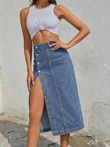 Women Casual Midi Denim Skirt With Button Front Detail Straight Non-Stretch Design - Blue - View 1